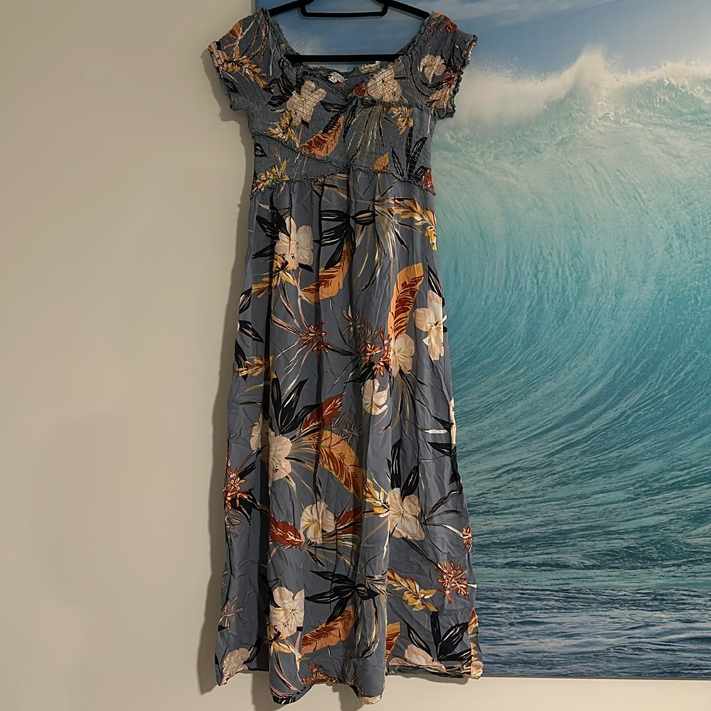 Smocked floral maxi dress with off the shoulder detail